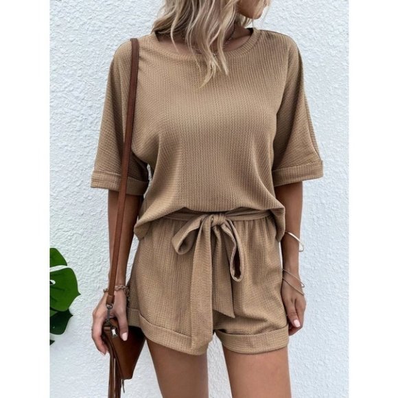 . Tops - Khaki Casual comfy Batwing Sleeve Tee & Knot Front Shorts